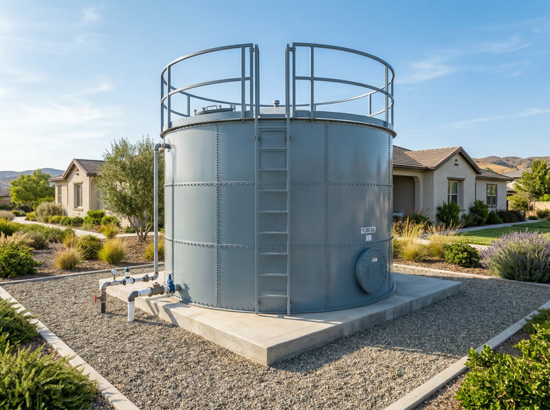 Above-ground steel water storage tank on residential property