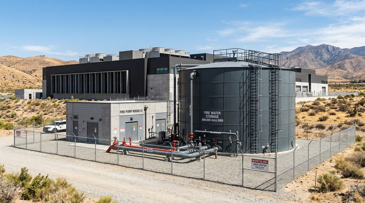 Data center facility with redundant fire protection water tank and pre-action sprinkler system