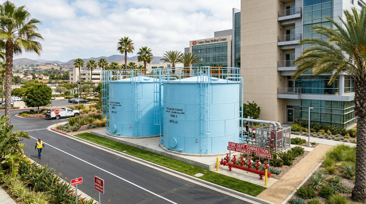Hospital campus requiring HCAI-compliant fire water storage tank system