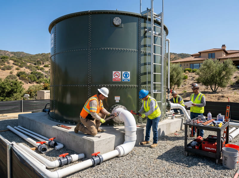 Professional crew installing water tank piping and connections